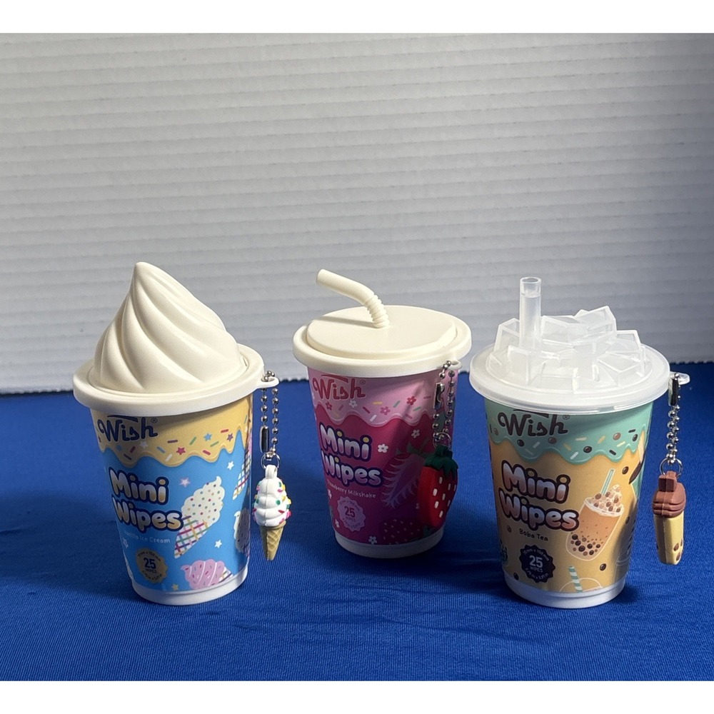 Wish Mini Hand Wipes Charm Set of 3 Boba,strawberry,Vanilla Fun Girlie New